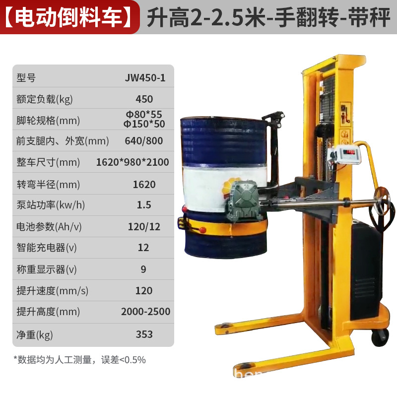 Carrileta elevadora de barril eléctrico de aceite elevación camión de descarga hidráulico de barril de barril de hierro camión de transporte de barril de plástico pesado