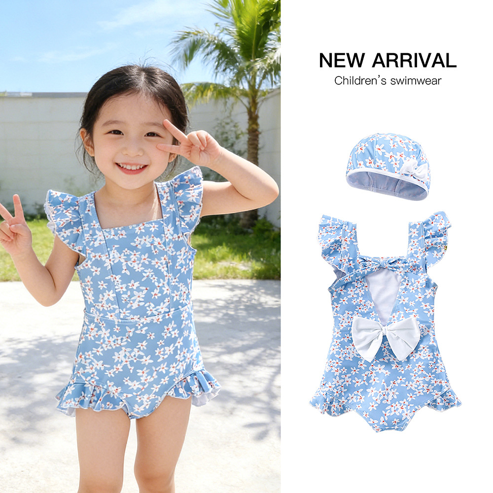 In Stock 2026 Korean Style Hot Spring Children's Swimsuit for Girls, One-Piece Stylish Swimwear with Lemon and Small Floral Patterns