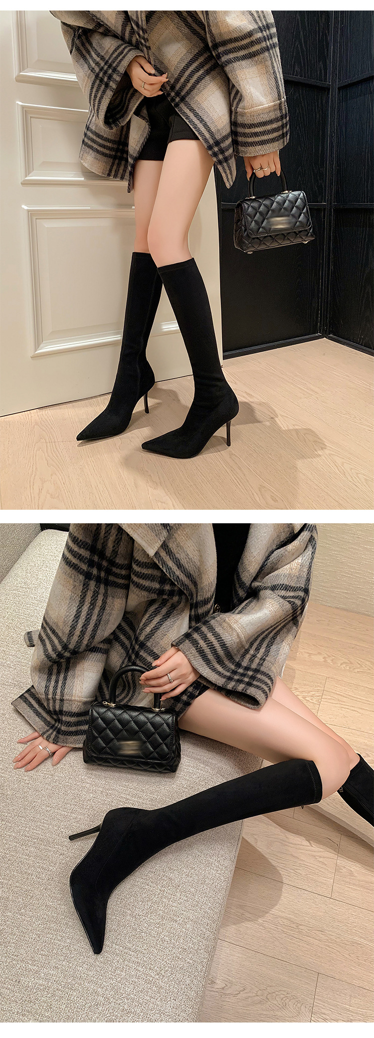 Boot nữ cổ cao ôm chân mũi nhọn gót siêu cao da lộn Thu Đông 2025 — Lớp lót đơn kaki ống cao, Lớp lót nhung kaki ống cao, Lớp lót nhung đen ống cao, Lớp lót nhung kaki trên đầu gối chi tiết 34