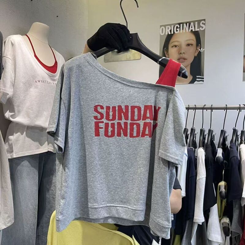 2025夏 オフショルダーサスペンダー コントラストレターカジュアルプリント半袖Tシャツ おしゃれ ゆったり 着痩せ 万能韓国版|undefined