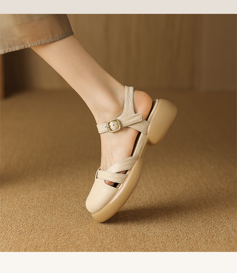 Sandal nữ quai ngang hở lưng mũi tròn đế dày da thấp — Màu trắng be chi tiết 7
