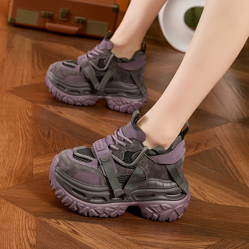 Thick-Soled Dad Shoes for Women 2026 Autumn and Winter New Style Mesh Breathable Casual Shoes Fashionable Versatile Single Shoes with Hidden Height Increase for Women