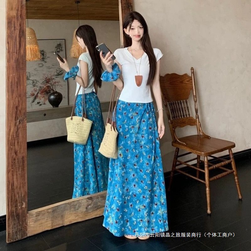 蓝色碎花油画系带半身裙女2025夏季新款高腰显瘦复古字长裙子|undefined