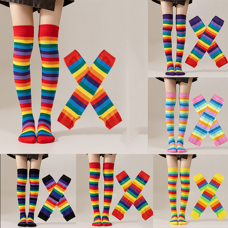 Cross-Border European and American Rainbow Stripesd Socks for Women's Party Performance Halloween Cosplay Long-Leg Over-The-Knee Socks