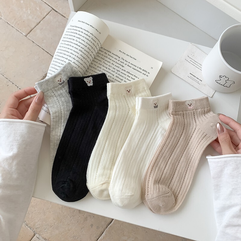 Socks Women's Spring and Summer Cute Cartoon Embroidered Thin Short Socks Ins Trendy All-match Breathable Mesh Shallow Mouth Short Socks