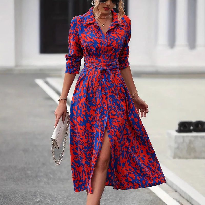 In Stock European and American Cross-Border Amazon All-Over Print Button Long-Sleeve Waist-Cinching A-Line Dress Independent Platform Tiktok