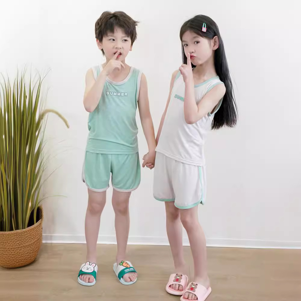 男童睡衣夏季薄款兒童背心中大童小孩親子夏裝女童無袖家居服套裝