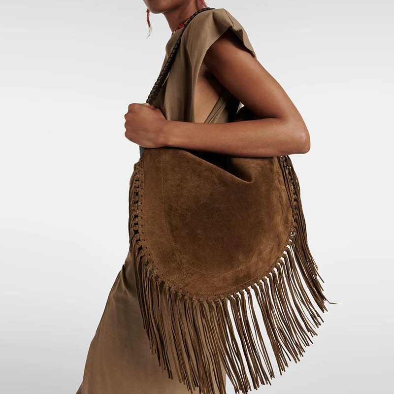 Internet Celebrity 2025 Autumn and Winter New Retro Tassel Suede Suede Frosted Shoulder Bag Large Capacity Satchel Crossbody Bag for Women Internet Celebrity 2025 Autumn and Winter New Retro Tassel Suede Suede Frosted Shoulder Bag Large Capacity Satchel Crossbody Bag for Women