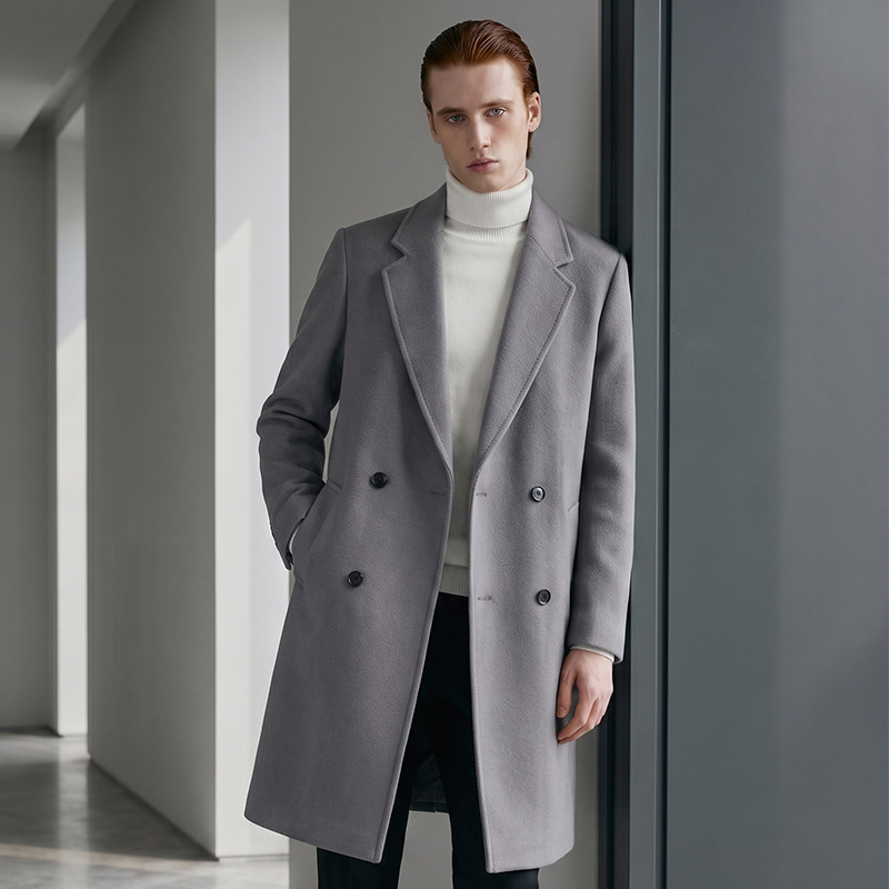 Luxury Navy Blue Double-Faced Wool Coat for Men, Autumn/Winter, Single-Breasted, Suit Collar, Classic Wool Coat
