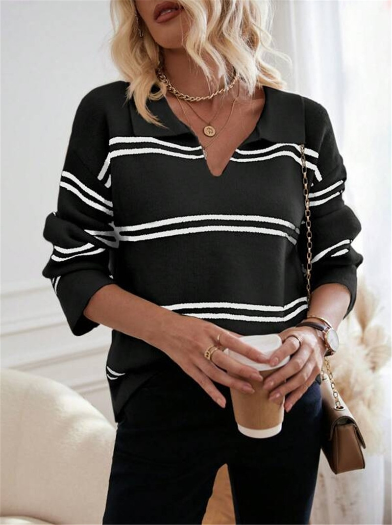 Women's Striped Polo Sweater – V-Neck, Contrast Trim, Long Sleeve (White/Black/Apricot/Red, S-L)_ecoleips.com
