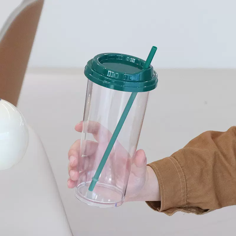 跨境热销网红款塑料杯直饮吸管两用咖啡杯简约车载随手杯工厂批发