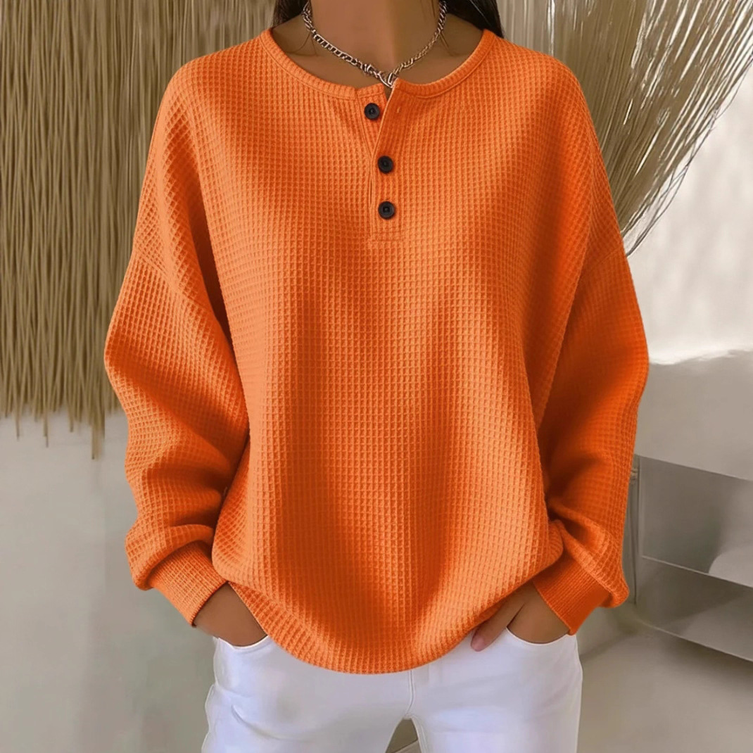 In-Stock Cross-Border Amazon Fashion Round-Neck Waffle Knit 2025 Autumn/Winter New Solid Color Pullover Loose Top