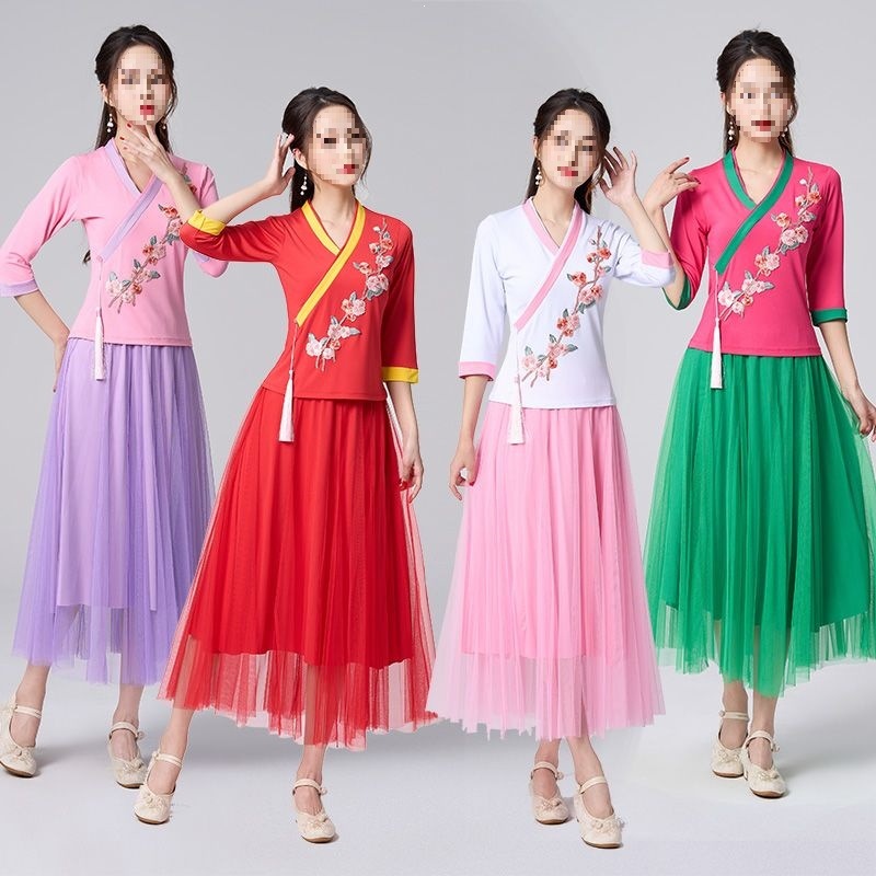 春秋新款广场舞蹈民族服装刺绣中老年团体舞蹈服网纱大摆裙套装女