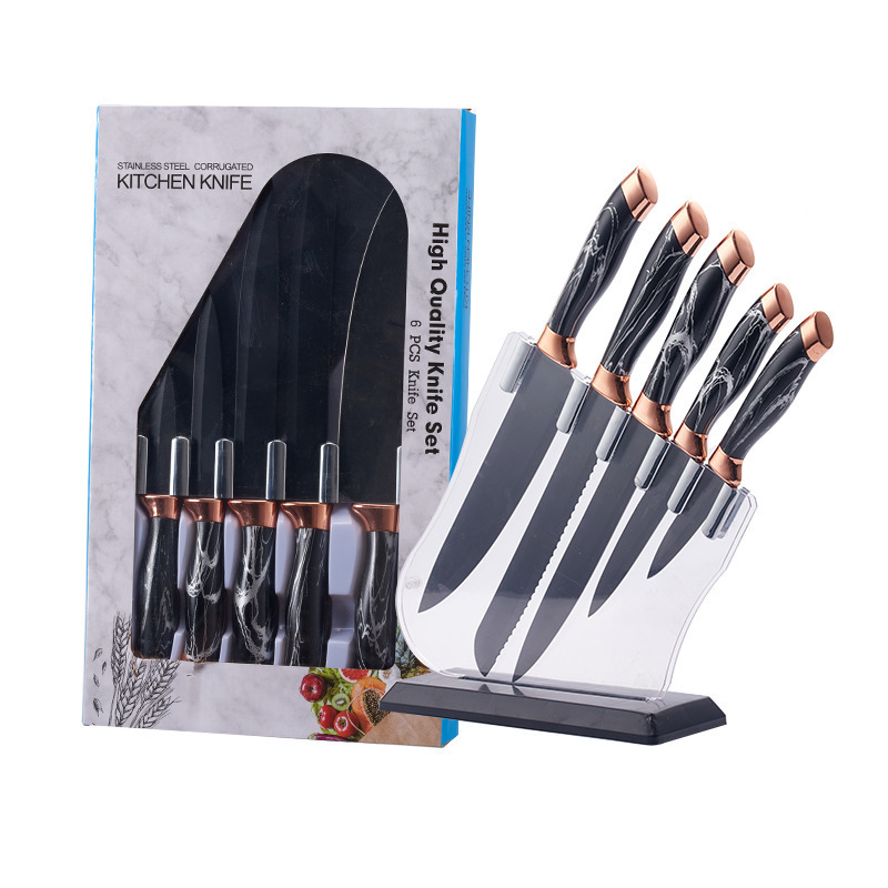 Juego de caja de regalo de mango de cabezal de doble galvanoplastia de patrón de mármol de 6 piezas de cuchillos de debut de punto de comercio exterior