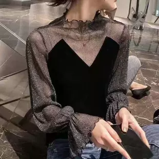 Женский велюровый топ с кружевом и блеском Mesh, осень/зима длинные рукава