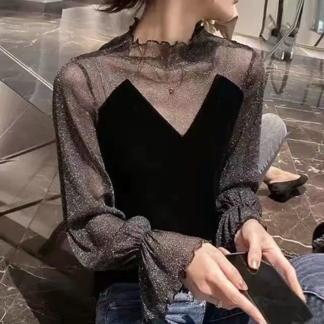 Женский велюровый топ с кружевом и блеском Mesh, осень/зима длинные рукава