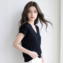 冰丝短袖t恤女2026新款夏v领桑蚕丝针织衫开衫宽松薄上衣跨境冰丝
