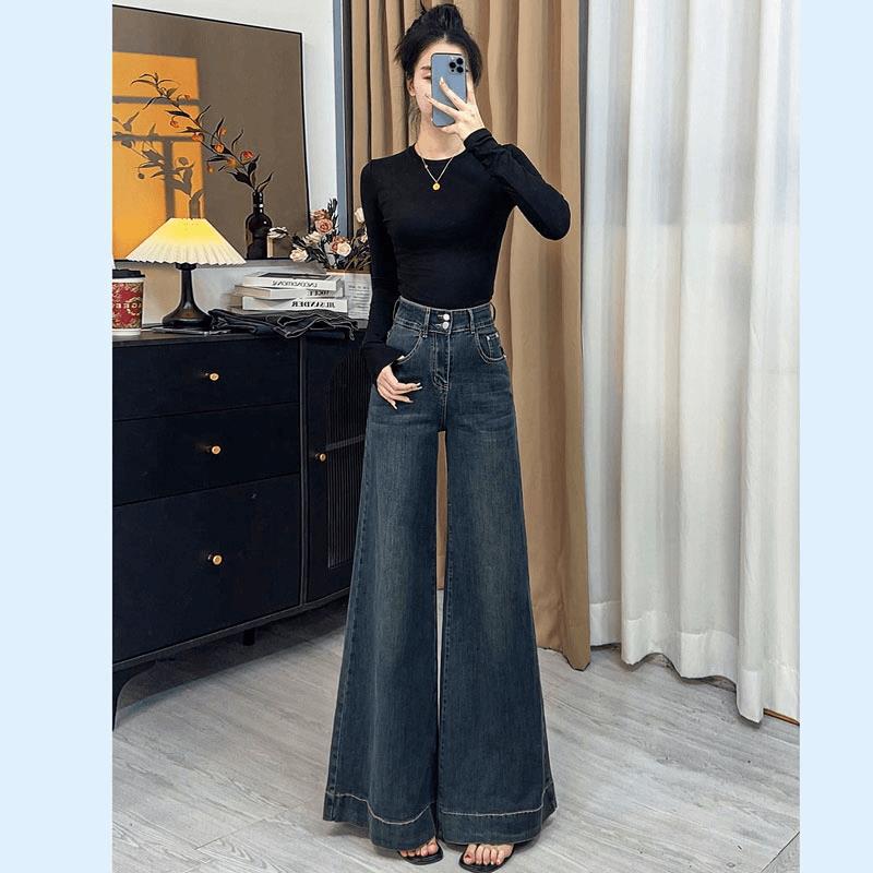 阔腿裤牛仔裤女小个子港味复古弹力宽松显瘦百搭慵懒直筒拖地长裤|undefined