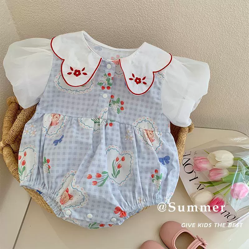 Летний боди для младенца, куклы, новая коллекция, с коротким рукавом, 0-2 года, в цветочек, воротничок для куклы