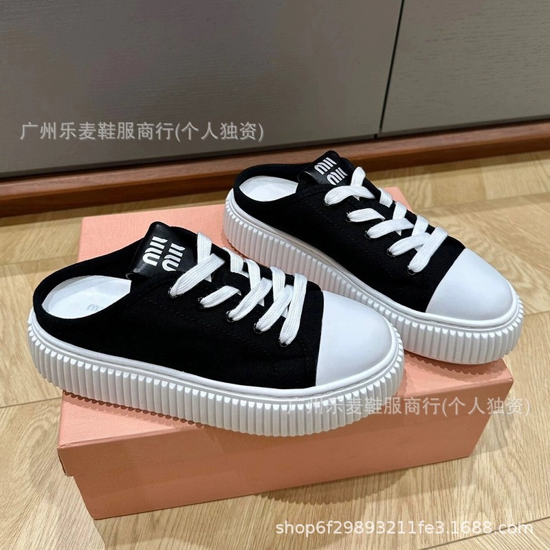 高品质~miu家新款厚底饼干帆布板鞋懒人一脚蹬休闲后空半拖小白鞋|undefined