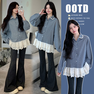 Pregnant Women's New Spring New Korean Style Sweet Lace Stitching Doll Collar Pregnant Mom Loose Plaid Shirt for Women