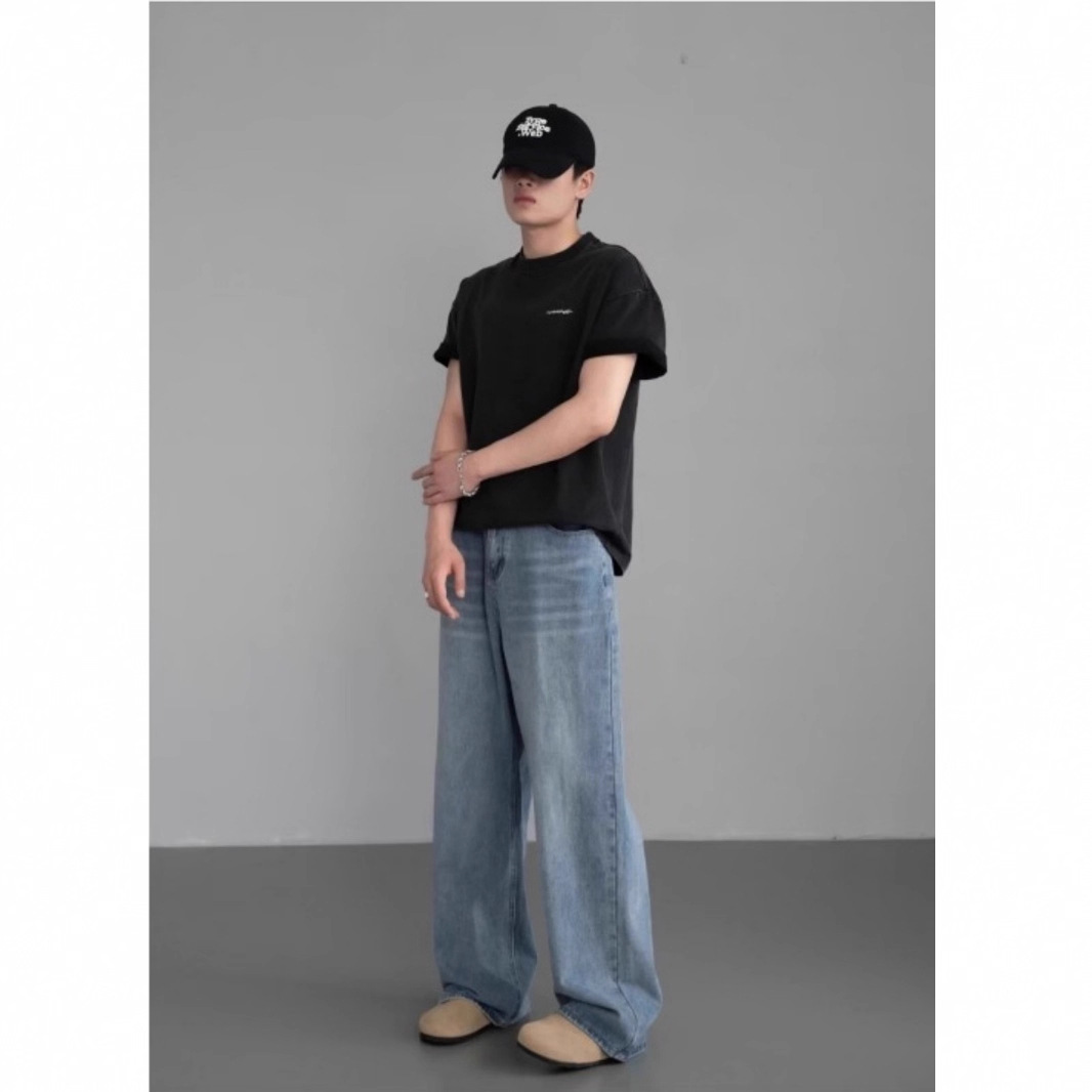 Vintage Wide-Leg Jeans for Men Relaxed Fit Distressed Denim Pants Washed Cotton Blend Mid-Rise Streetwear Staple_viptrois.com
