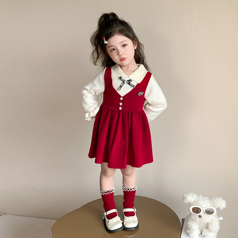 女童蝴蝶结假两件毛衣裙儿童春秋季洋气公主裙2025新款宝宝连衣裙|undefined