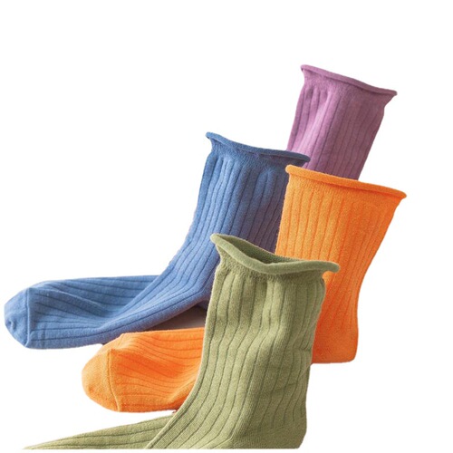 Summer trendy women's solid color vertical stripe mid-calf socks, candy color tassel socks with rolled edges, simple and elegant.