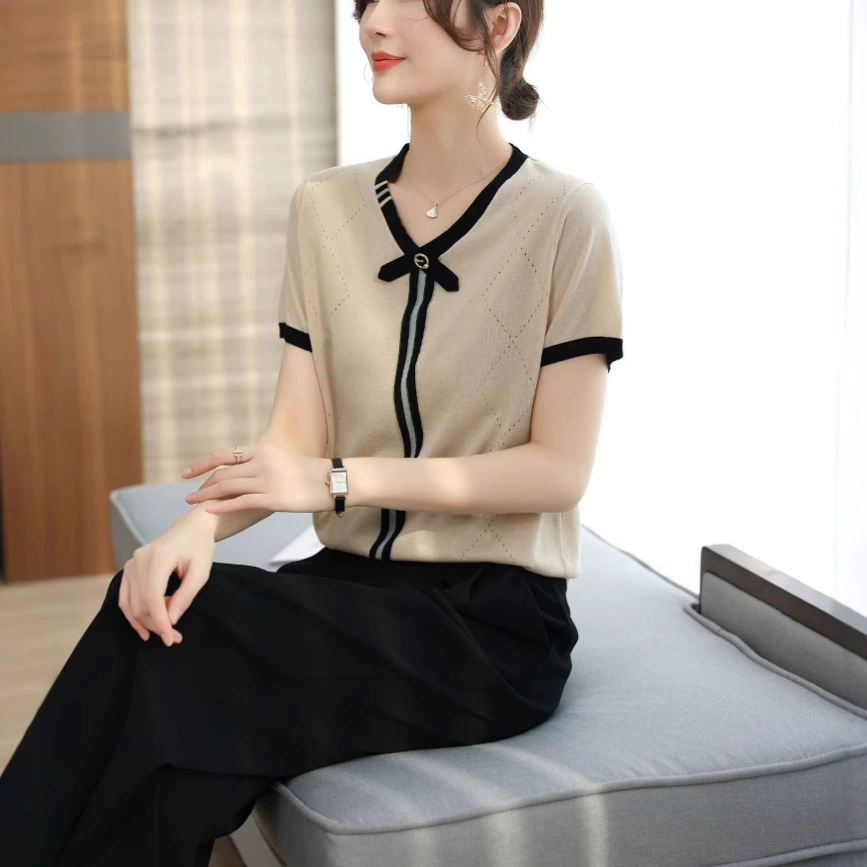 Летняя футболка из тонкой трикотажной ткани «ледяной шелк» с коротким рукавом для молодых мам 2025 года, тонкая трикотажная рубашка для женщин среднего и пожилого возраста, летняя женская одежда