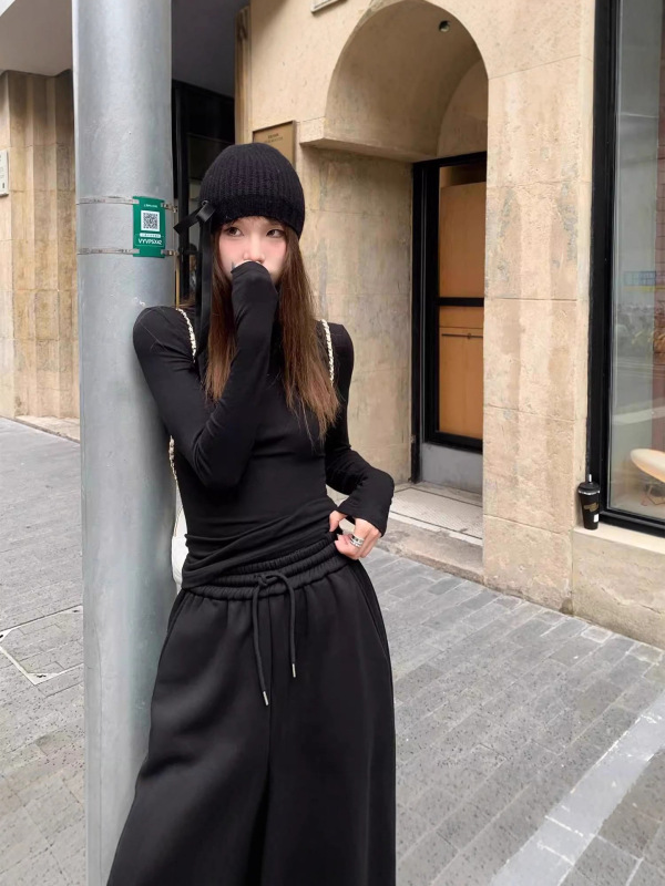 设计感正肩长袖t恤女2025春秋冬新款修身短款圆领内搭德绒上衣潮|undefined