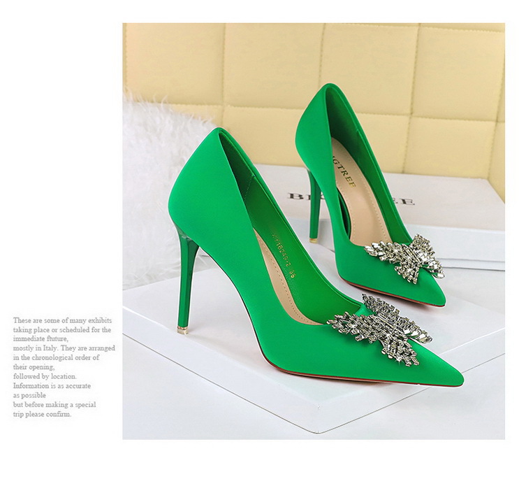 High heels Satin light mouth pointed metal rhinestone bow single shoe women's high heels_voghion.com