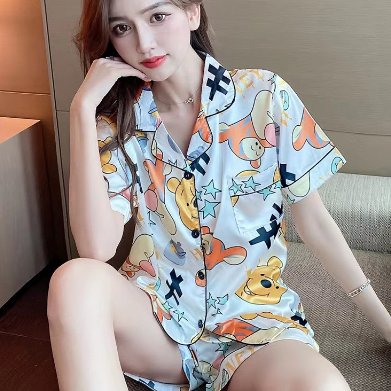 Sudeste asiático transfronterizo de verano de seda camiseta de hielo cardigan con solapa de manga corta ropa de seda set comercio exterior