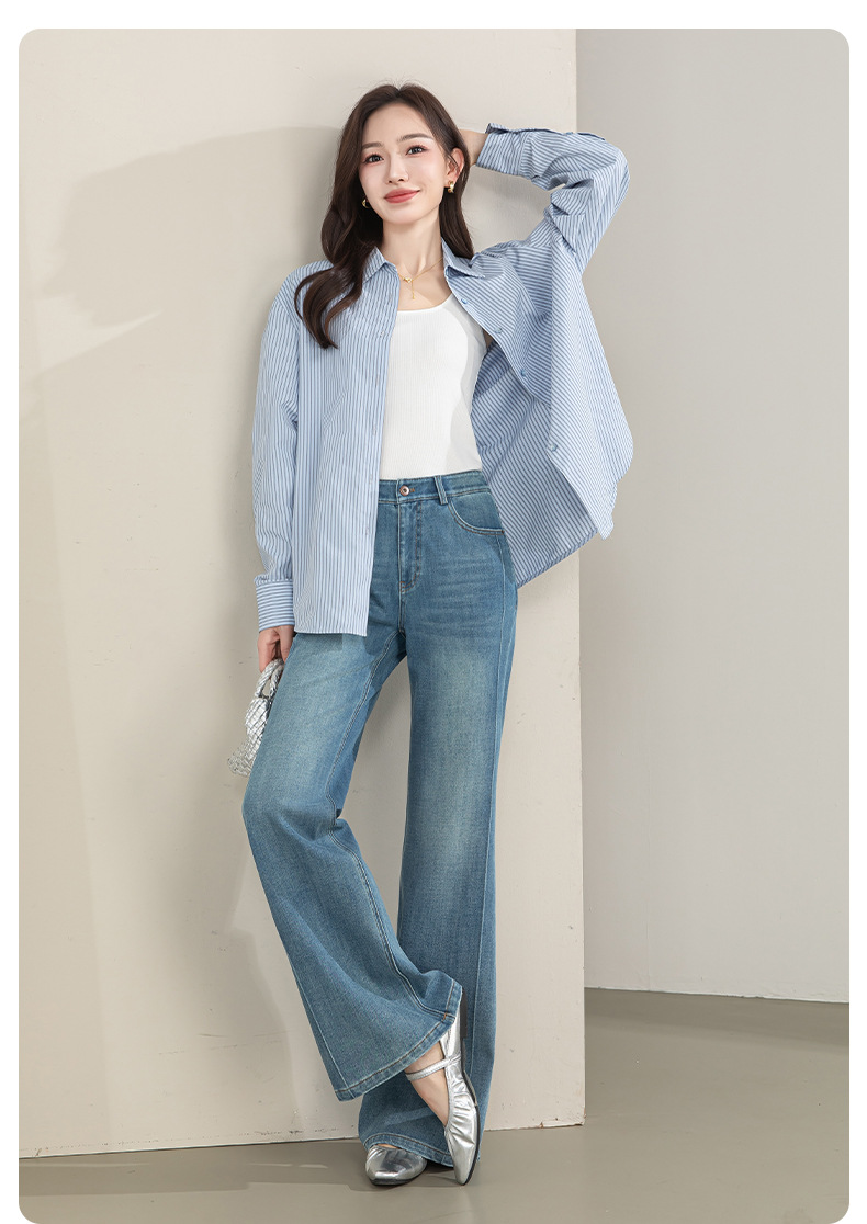 Quần jean nữ cạp cao ống rộng vải Tencel cotton co giãn 4 chiều dáng suông nhẹ — xanh lam chi tiết 23
