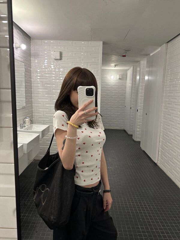 [Original Fabric] Love Printed Short-Sleeved T-Shirt for Women, Right Shoulder Slim Short Top, White American Sexy