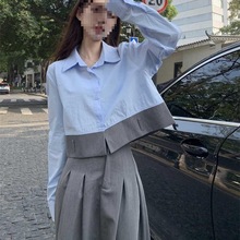 秋季套装女感小洋装拼接立领衬衫褶皱高腰西装半身裙子两件套