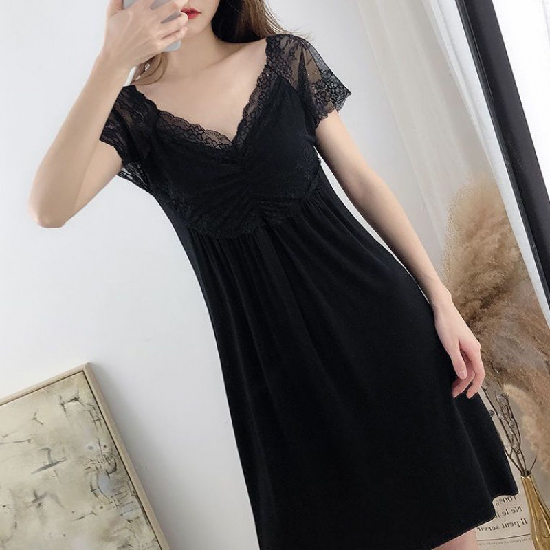 Modal Breast Pad Lace Mid-Length Skirt Loose with V Neck Short-Sleeved Nightgown Women's Summer Sexy Wear-Free Home Skirt Bra