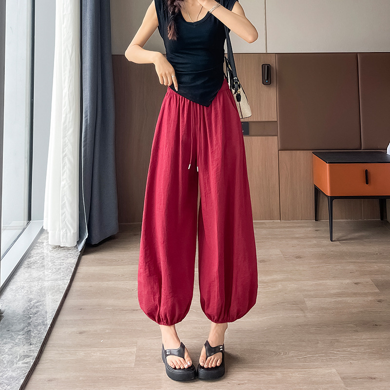 女性用夏綿麻ブルマー、夏薄手カジュアルパンツ、レギンス9点パンツ、リネンハイウエストレイジースタイル花蕾パンツ|undefined