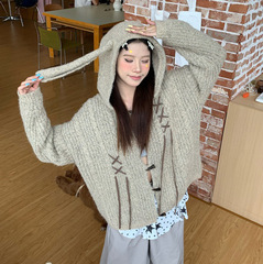 旧世纪物语复古兔耳朵连帽针织毛衣女秋冬宽松牛角扣开衫外套