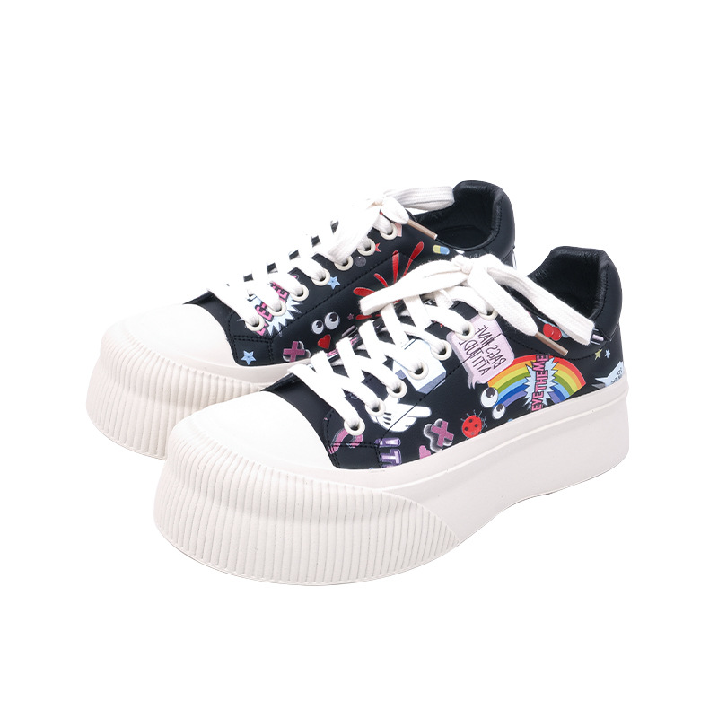 Marca de moda graffiti cordones de zapatos para chicas calles zapatos de martillo de altura de cuero para mujeres zapatos casuales blancos A162 #
