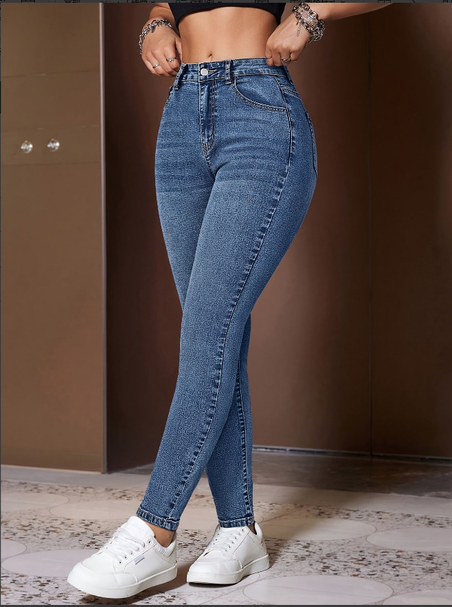 Retro Washed Slim Fit Casual Fashion Women's Pants Solid Color Elastic Versatile Cotton Denim Jeans_ecoleips.com