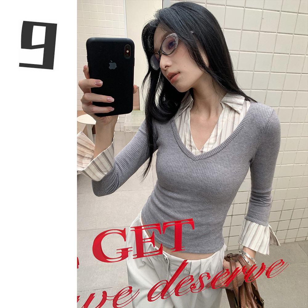 [9Hour] American Stylish Fake Two-Piece Knitwear for Women 2025 Autumn and Winter Stripesd Splicing Micro-Elastic Top C7700