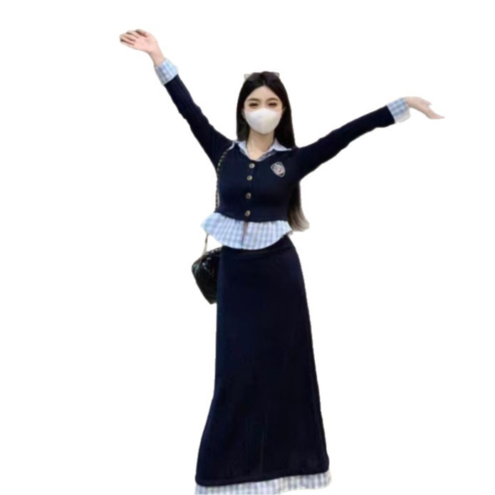 韩系学院风假两件上衣半身裙套装女开春连衣裙穿搭一整套可盐可甜|undefined