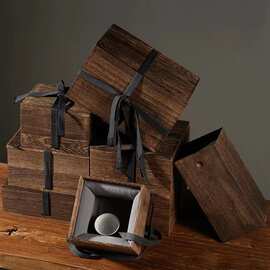 复古木质茶叶包装盒带绑绳主人单杯茶具收纳盒带内衬古董瓷器礼盒