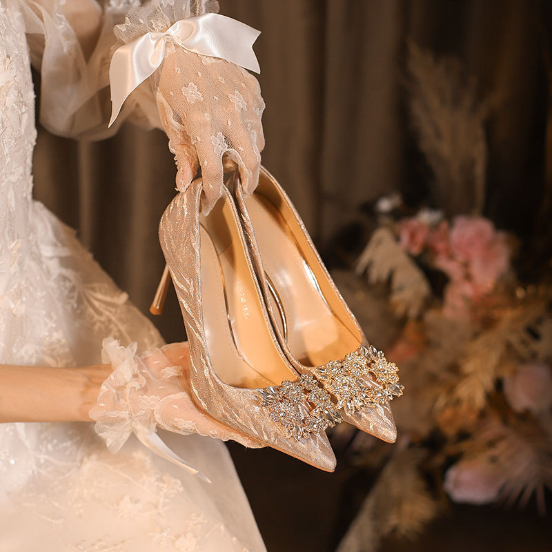 828-6 high heel wedding shoes pointed square buckle crystal diamond bridesmaid shoes European and American French high heels bridal shoes