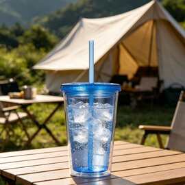 双层透明吸管杯奶茶杯大容量夏季冰饮杯办公水杯随行杯易清洗杯子
