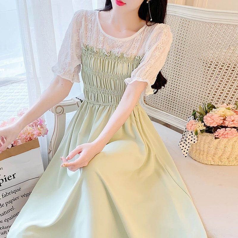 8872# French Retro Milk Sweet Chiffon Dress Women's Summer First Love Gentle Tea Break Sweet Salt Long Dress