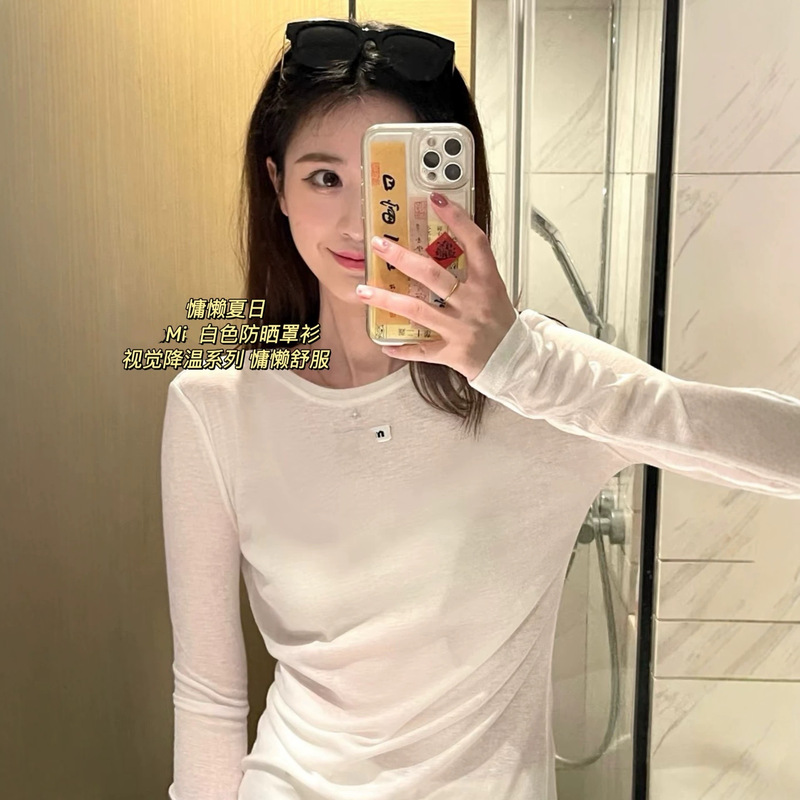 26 Spring New Style Miu Series Pure Desire Style Round Neck Tencel Wool Long-Sleeved T-Shirt for Women, Slim Fit, Versatile Sun Protection Shirt