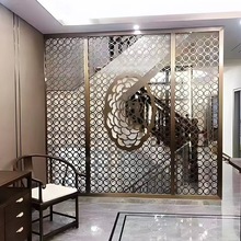 别墅会所楼梯古铜铝板镂空拉丝钛金隔断浮雕玫瑰花不锈钢玄关屏风