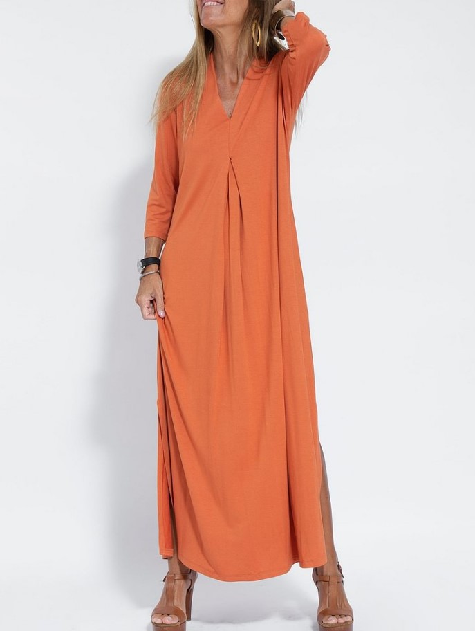 Women's V-neck Knitted Long Dress With Slit For Women_voghion.com