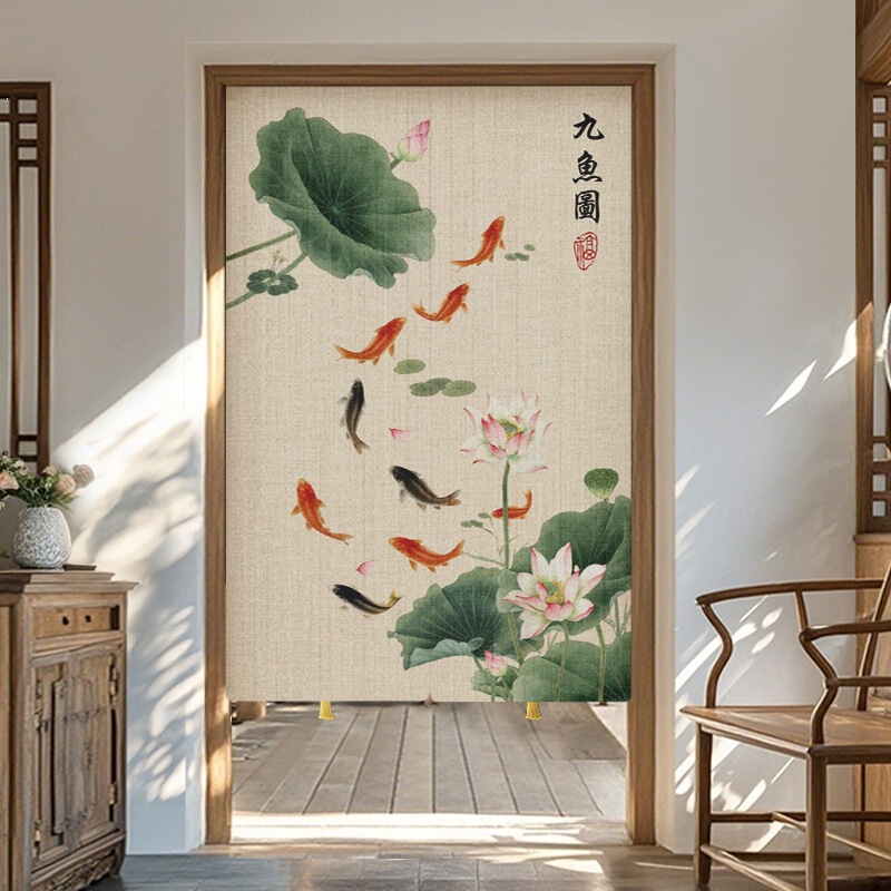 Feng Shui toilet door curtain with lotus design for purifying the space, no drilling required, simple partition curtain for home bathroom, easy-to-install fabric curtain Feng Shui toilet door curtain with lotus design for purifying the space, no drilling required, simple partition curtain for home bathroom, easy-to-install fabric curtain